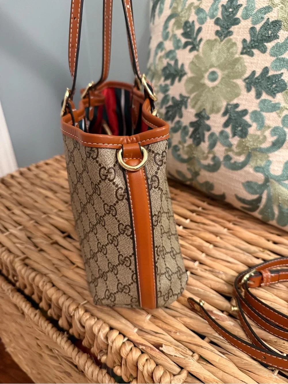 Beige GG Supreme Canvas Tote with Brown Leather Trim